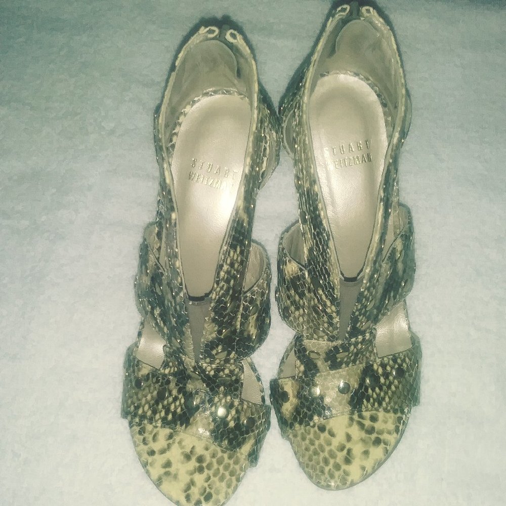 Stuart Weitzman Snakeskin Embossed Leather Studded Heeled Sandals